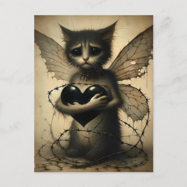 Sad Cat Fairy With Black Heart Postcard (Front)