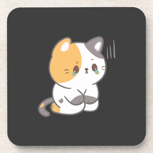 Sad Cat In Grunge, Sad Cat Emoji T-Shirt Throw Pil Beverage Coaster (Front)