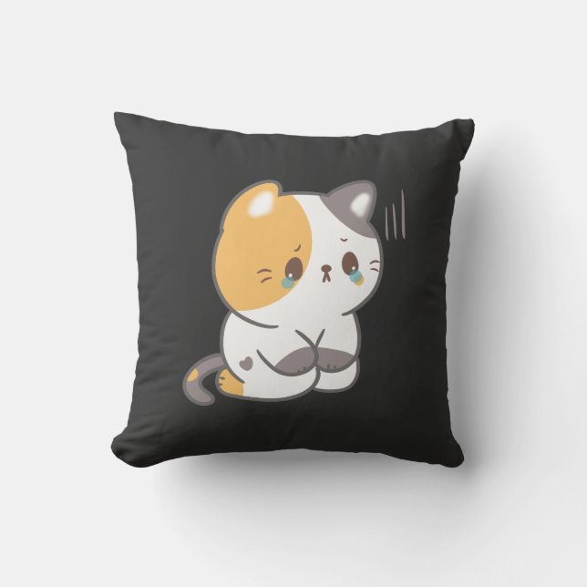 Sad Cat In Grunge, Sad Cat Emoji T-Shirt Throw Pillow (Front)