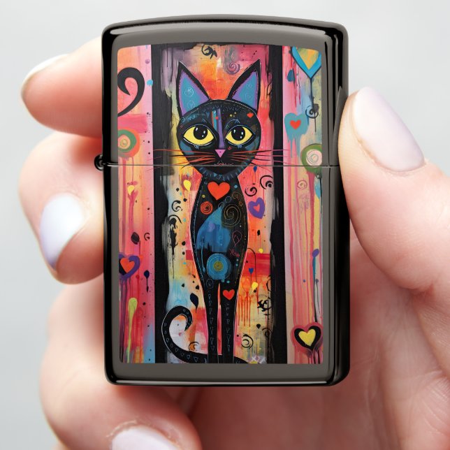 Sad Cat Large Eyes Painted  Zippo Lighter (In Hand)