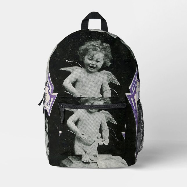 Sad Cherub Angel Print Printed Backpack (Front)