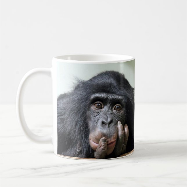 Sad Chimp Face Mug – Cute Monkey Coffee Cup (Left)