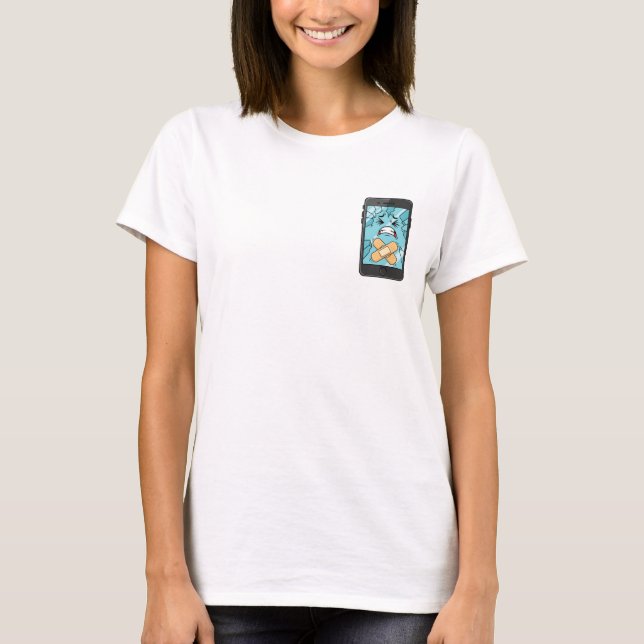 Sad Cracked Smartphone Character with Bandaids T-Shirt (Front)
