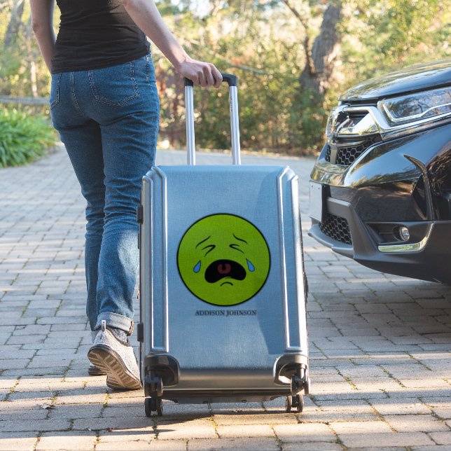 Sad Crying Tears Emoji Yellow Face Add Name 14" Sticker (Suitcase Insitu)