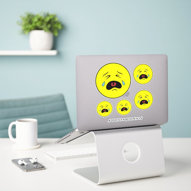 Sad Crying Tears Yellow Face Collection Name 8" Sticker (Laptop On Desk)