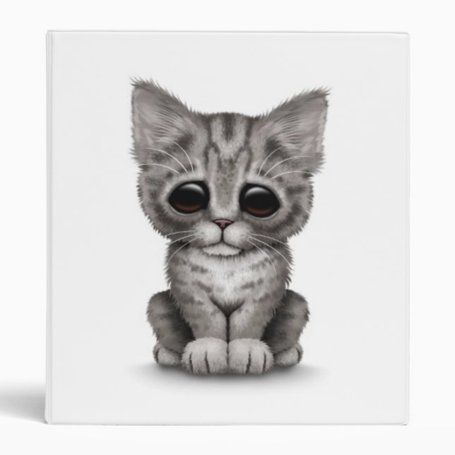 Sad Cute Gray Tabby Kitten Cat on White Binder (Front)