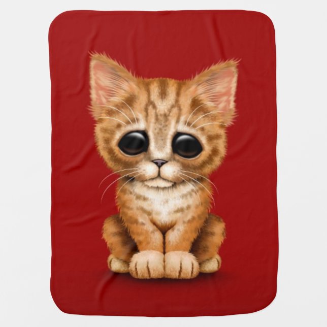 Sad Cute Orange Tabby Kitten Cat on Red Receiving Blanket (Front)
