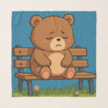 Sad Cute Teddy Bear on Bench – Emotional Cartoon Scarf