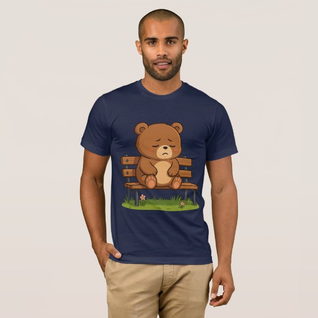 Sad Cute Teddy Bear on Bench – Emotional Cartoon T-Shirt (Front Full)