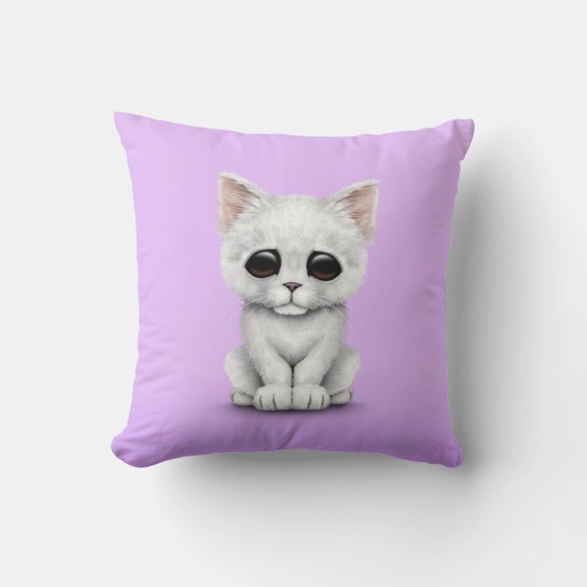 Sad Cute White Kitten Cat on Purple Throw Pillow (Front)