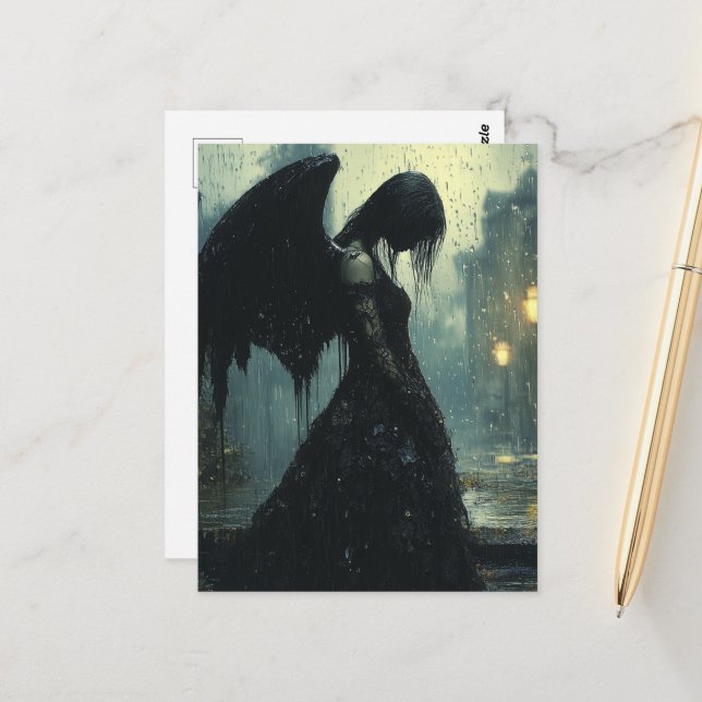 Sad Dark Angel in Rain Fantasy Postcard (Front/Back In Situ)