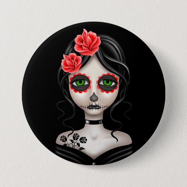Sad Day of the Dead Girl on Black Button (Front)