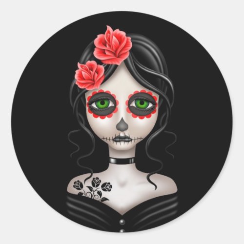 Sad Day of the Dead Girl on Black Classic Round Sticker