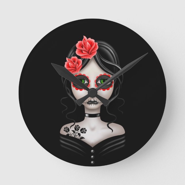 Sad Day of the Dead Girl on Black Round Clock (Front)
