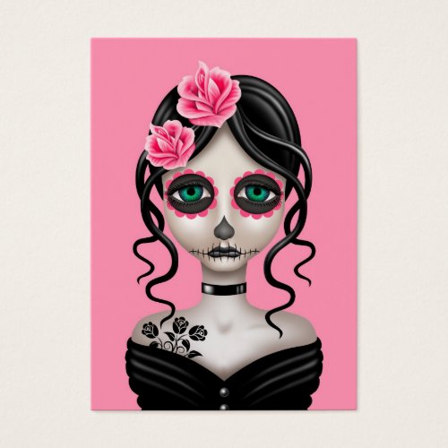 Sad Day of the Dead Girl on Pink Business Card Template