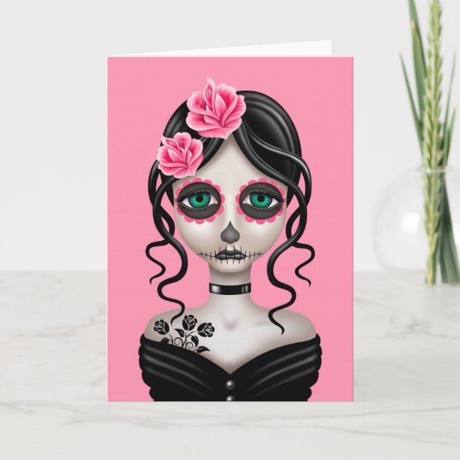 Sad Day of the Dead Girl on Pink Card (Front)