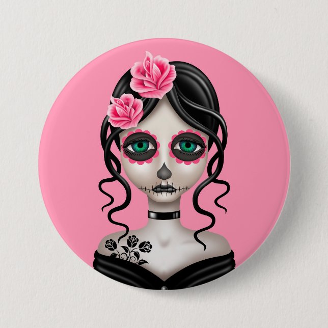 Sad Day of the Dead Girl on Pink Pinback Button (Front)