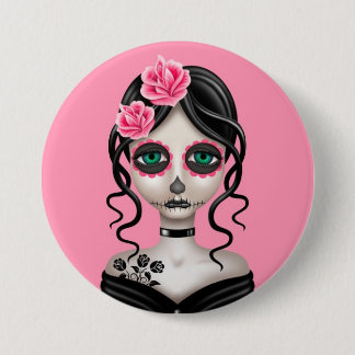 Sad Day of the Dead Girl on Pink Pinback Button