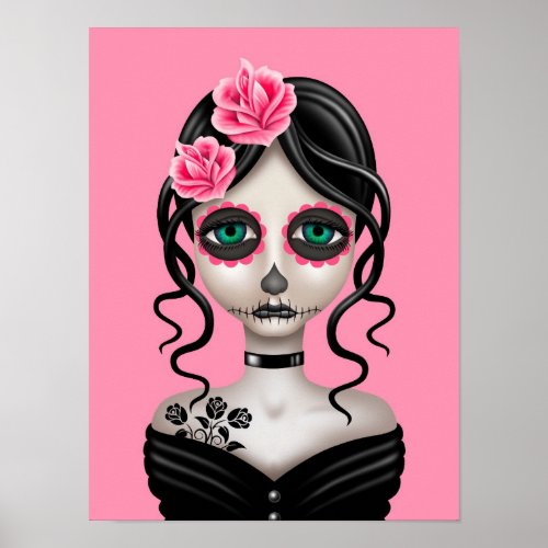 Sad Day of the Dead Girl on Pink Poster