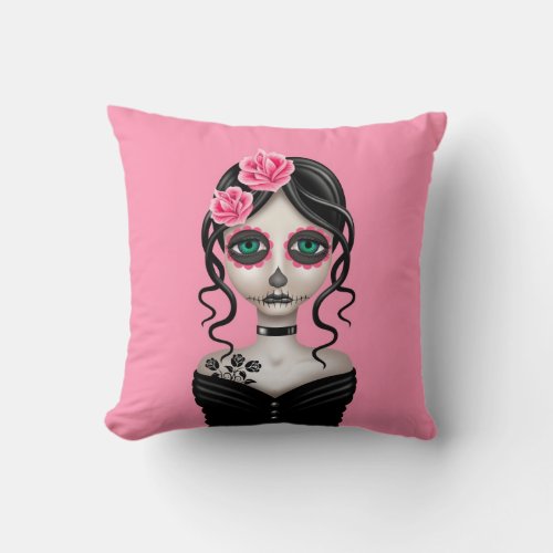 Sad Day of the Dead Girl on Pink Throw Pillow