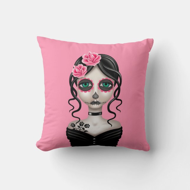 Sad Day of the Dead Girl on Pink Throw Pillow (Front)