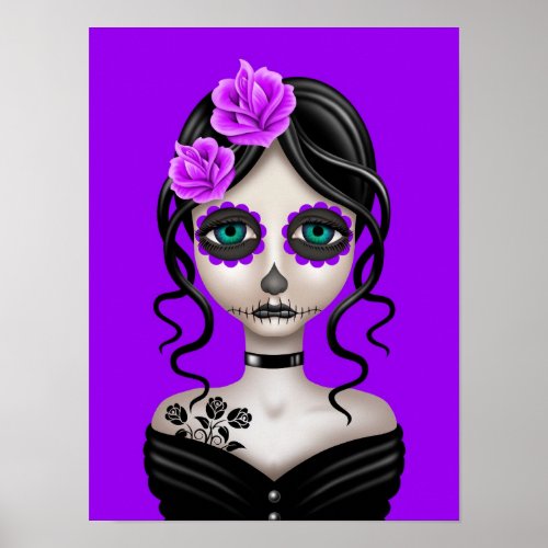 Sad Day of the Dead Girl on Purple Poster