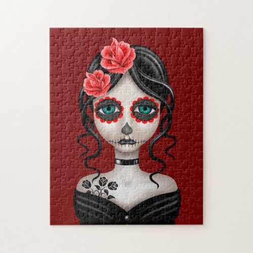 Sad Day of the Dead Girl on Red Jigsaw Puzzle