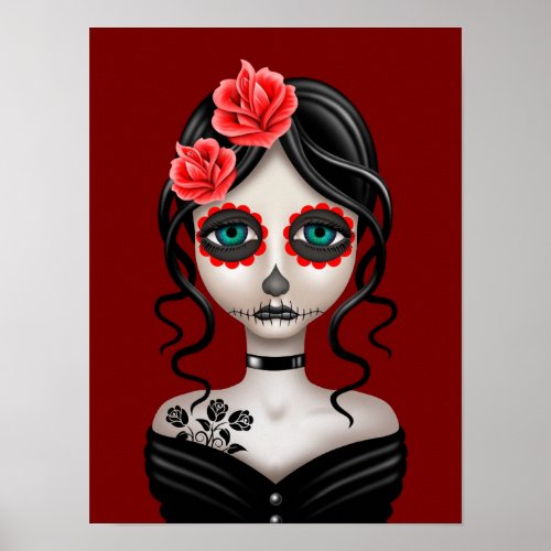 Sad Day of the Dead Girl on Red Poster