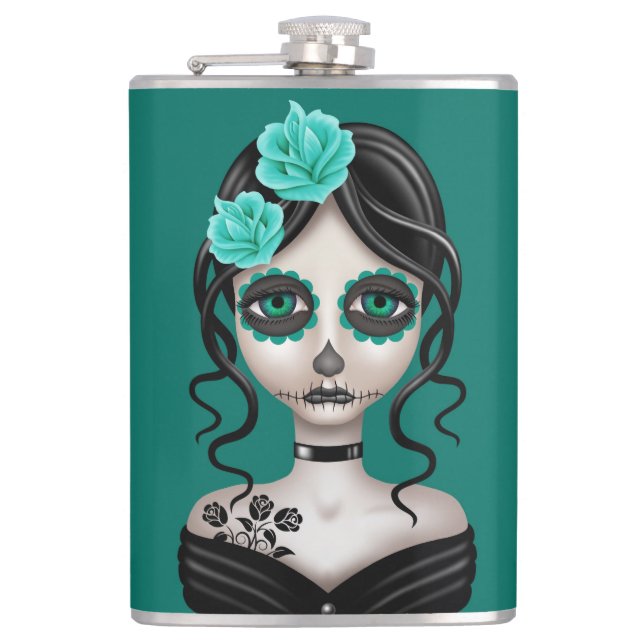 Sad Day of the Dead Girl on Teal Blue Flask (Front)