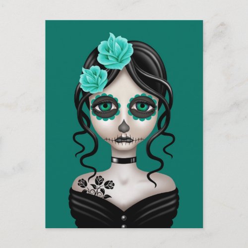 Sad Day of the Dead Girl on Teal Blue Postcard