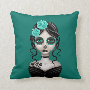Sad Day of the Dead Girl on Teal Blue Throw Pillow