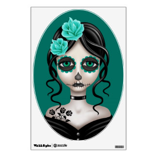 Sad Day of the Dead Girl on Teal Blue Wall Sticker