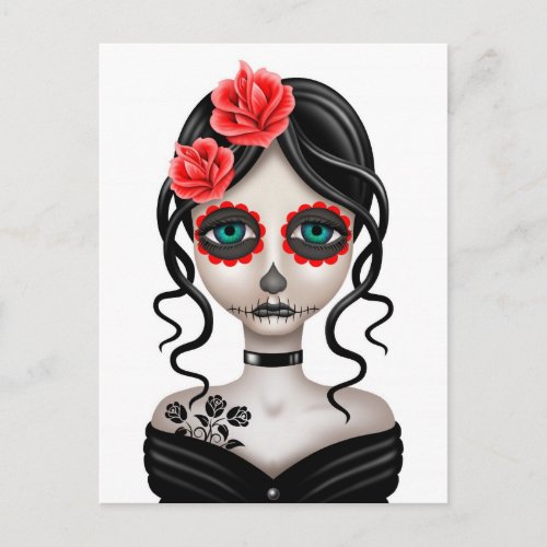 Sad Day of the Dead Girl on White Postcard