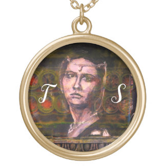 Sad Eyes Woman Portrait Gold Plated Necklace