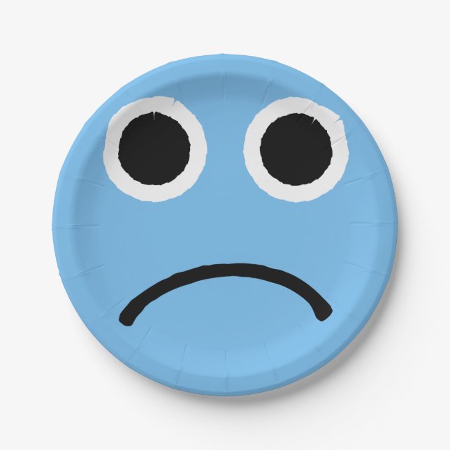 Sad Face Blue Frowning Emoticon Emoji Paper Plates (Front)