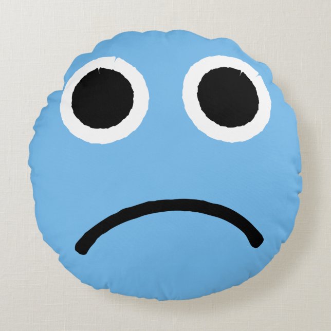 Sad Face Blue Frowning Emoticon Emoji Round Pillow (Front)