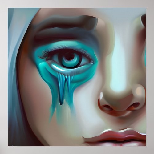 Sad Face with Blue Tears AI Generated Artwork Poster