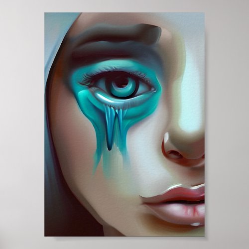 Sad Face with Blue Tears AI Generated Artwork Poster