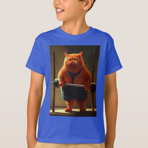 Sad fat red cat raises a barbell T_Shirt
