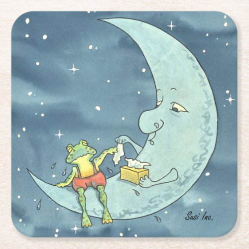 Sad Frog on Moon Square Paper Coaster