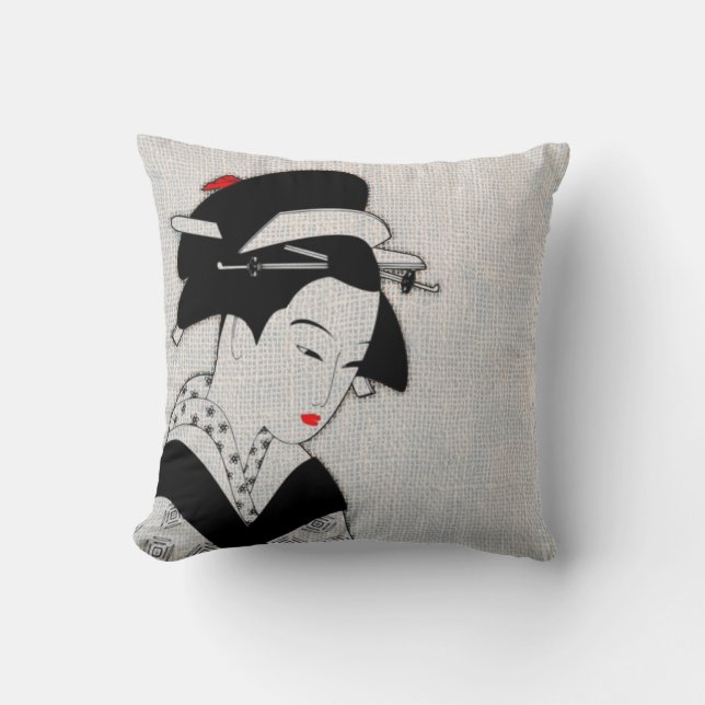 Sad Geisha Light Grey Throw Pillow (Front)