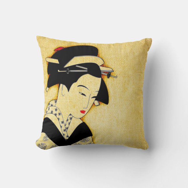 Sad Geisha Soft Yellow Throw Pillow (Front)