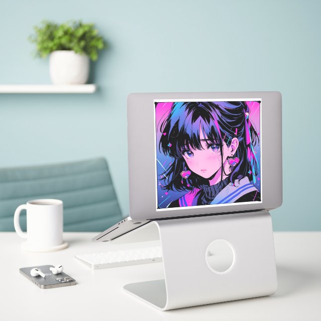 Sad Girl 90s Anime Style Sticker (Laptop On Desk)