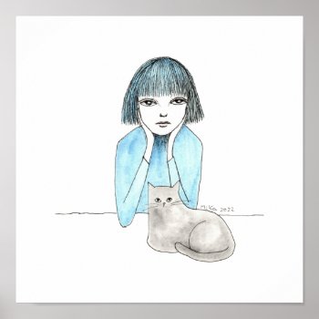 Sad Girl With A Black Cat Big Eyes Gloomy Girl Art Poster by MiKaArt at Zazzle
