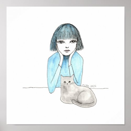 Sad Girl with a black cat big eyes gloomy girl art Poster