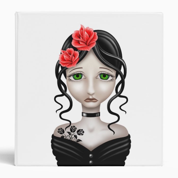 Sad Girl with Red Roses on White Binder