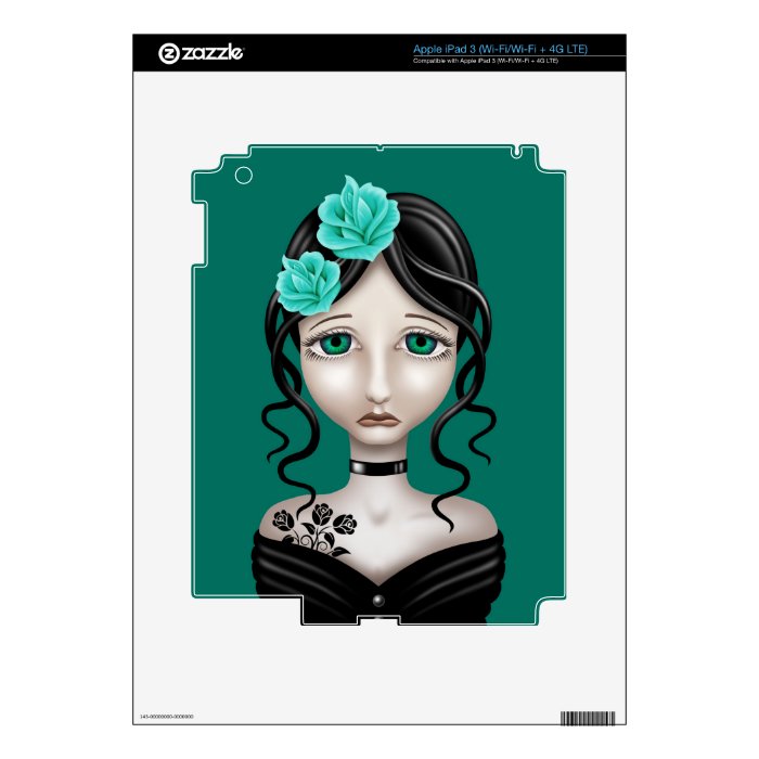 Sad Girl with Teal Blue Roses Decals For iPad 3