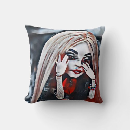 Sad Gothic Crying Creepy Doll Gray Red Black Throw Pillow