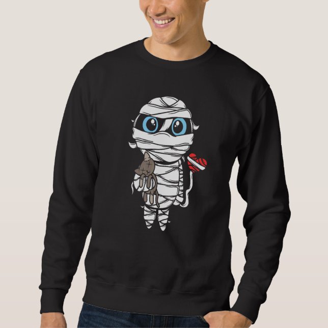 Sad Halloween Mummy Kid With Cat And Bandaged Ball Sweatshirt (Front)