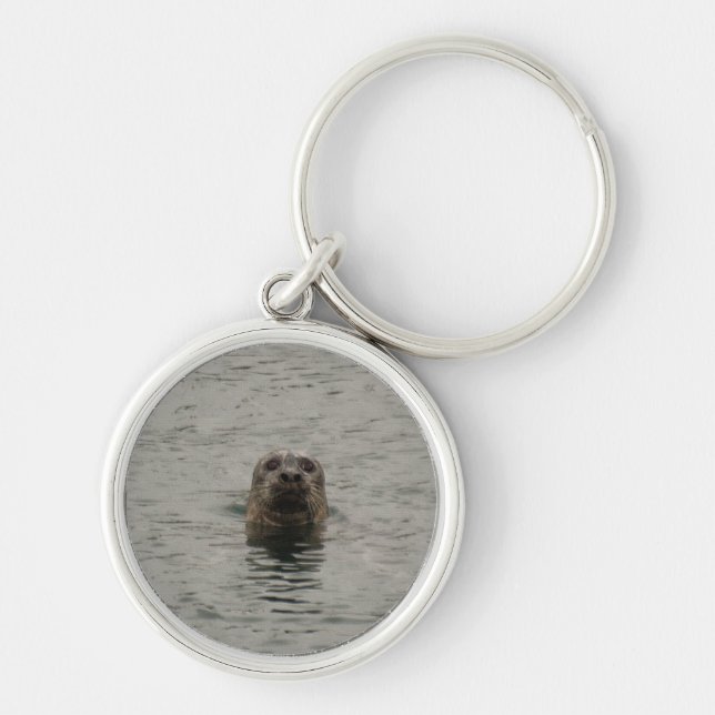 Sad Harbor Seal in the Rain Wildlife Art Keychain (Front)